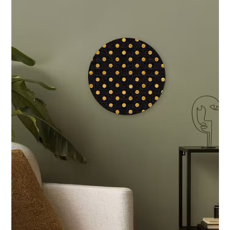 Polka Dot - Stippen - Goud - Zwart Wandcirkel kunststof plaat 5mm dik klein 188 -sfeer3
