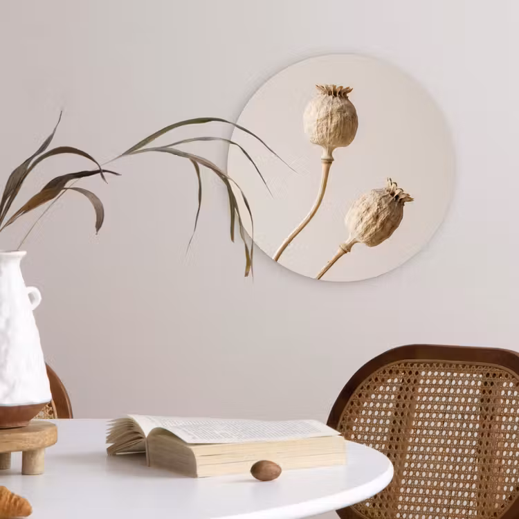 Papaverbollen - Droogbloemen - Minimalistisch - Beige - Rustig Wandcirkel kunststof plaat 5mm dik klein -sfeer4