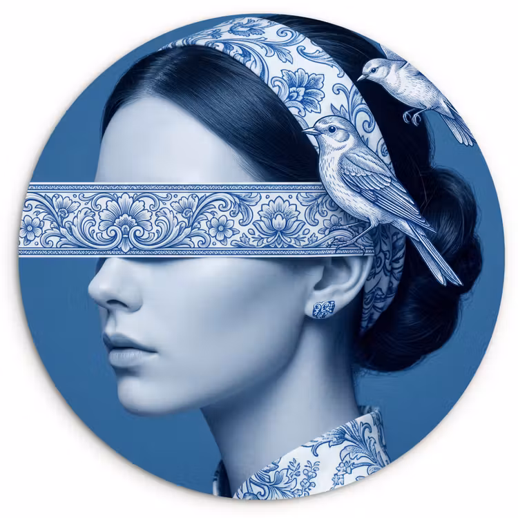 Portret - Klassiek - Wit - Blauw Wandcirkel kunststof plaat 5mm dik klein -3d