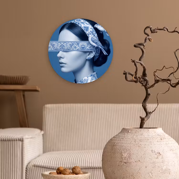 Portret - Klassiek - Wit - Blauw Wandcirkel kunststof plaat 5mm dik klein -sfeer1