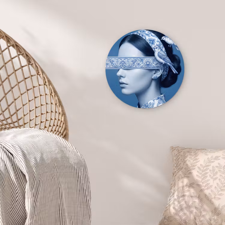 Portret - Klassiek - Wit - Blauw Wandcirkel kunststof plaat 5mm dik klein -sfeer5
