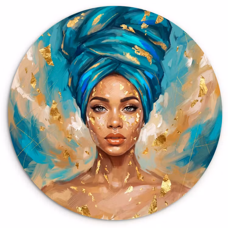 Portret - Vrouw - Schilderij - Blauw - Goud - Expressief Wandcirkel kunststof plaat 5mm dik klein -3d