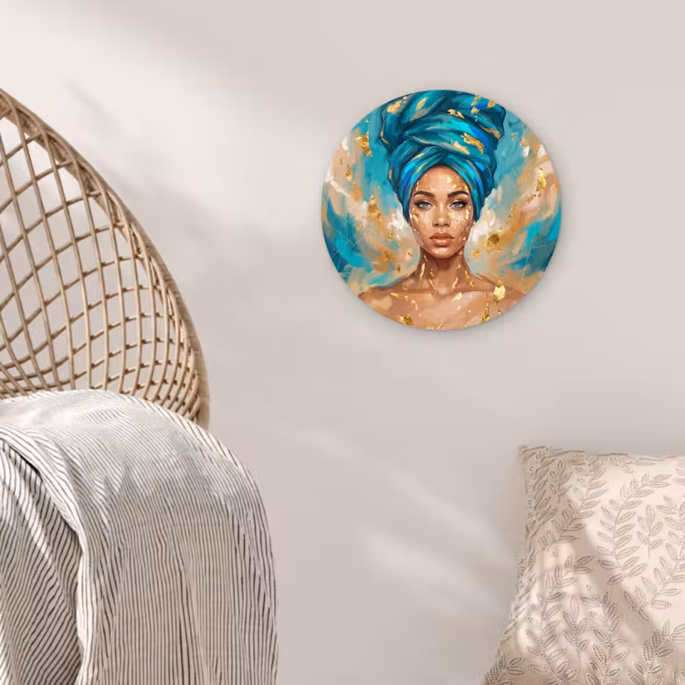 Portret - Vrouw - Schilderij - Blauw - Goud - Expressief Wandcirkel kunststof plaat 5mm dik klein -sfeer5