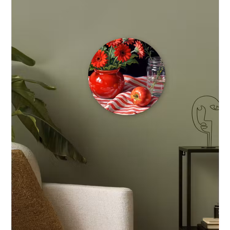round wall art - Red Flowers - Vase - Rode bloemen - Vaas Wandcirkel kunststof plaat 5mm dik klein