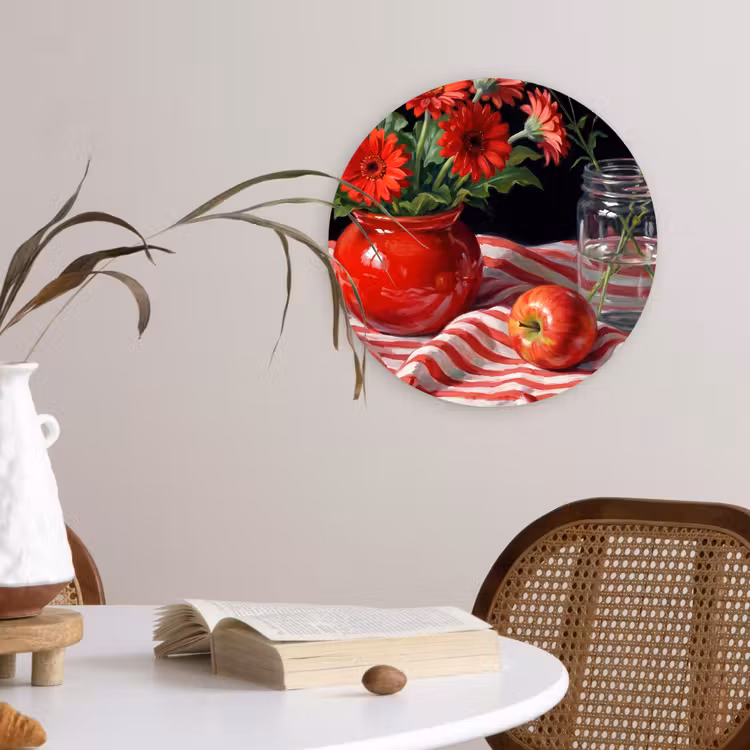 round wall art - Red Flowers - Vase - Rode bloemen - Vaas Wandcirkel kunststof plaat 5mm dik klein