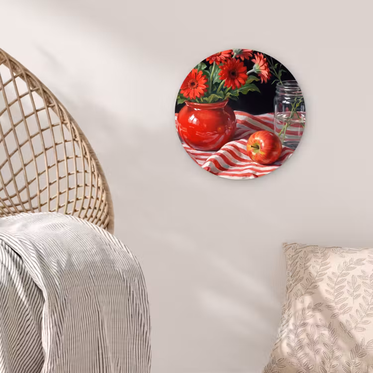 round wall art - Red Flowers - Vase - Rode bloemen - Vaas Wandcirkel kunststof plaat 5mm dik klein