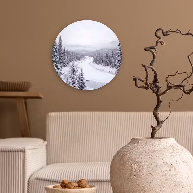 Rivier - Bevroren - Landschap - Winter Wandcirkel kunststof plaat 5mm dik klein -sfeer1