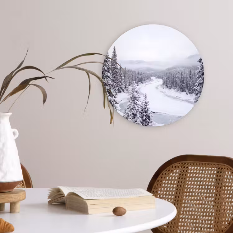 Rivier - Bevroren - Landschap - Winter Wandcirkel kunststof plaat 5mm dik klein -sfeer4