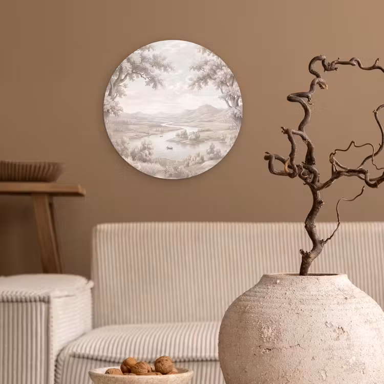 Rivierlandschap - Bergen - Natuur - Vintage - Beige Wandcirkel kunststof plaat 5mm dik klein -sfeer1