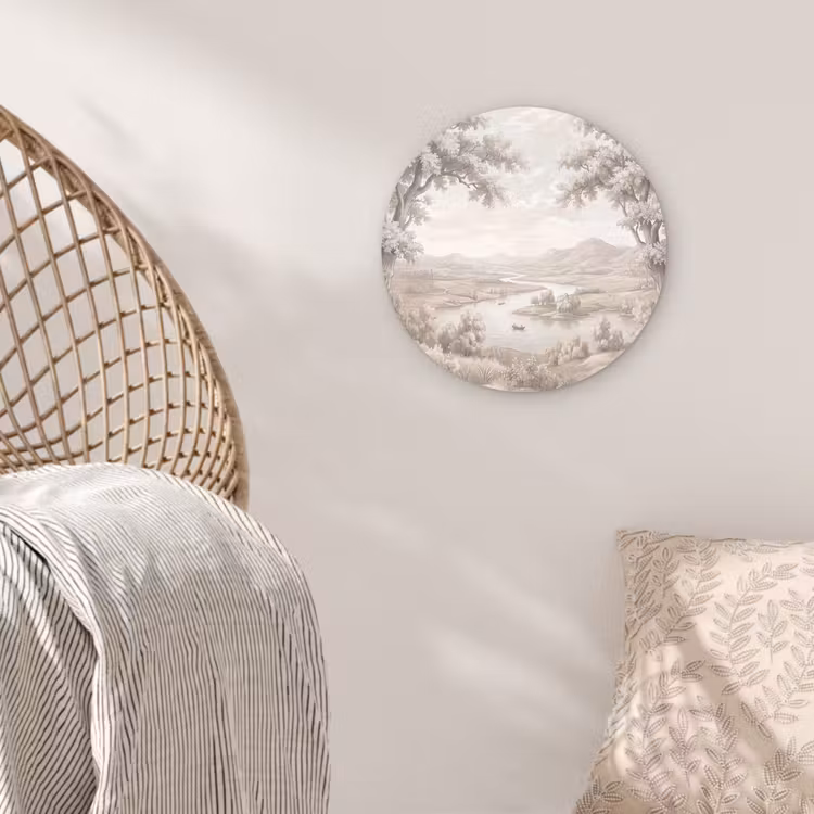 Rivierlandschap - Bergen - Natuur - Vintage - Beige Wandcirkel kunststof plaat 5mm dik klein -sfeer5