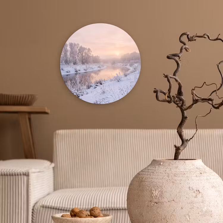 Rivier - Winter - Landschap - Sneeuw - Zonsopgang Wandcirkel kunststof plaat 5mm dik klein -sfeer1