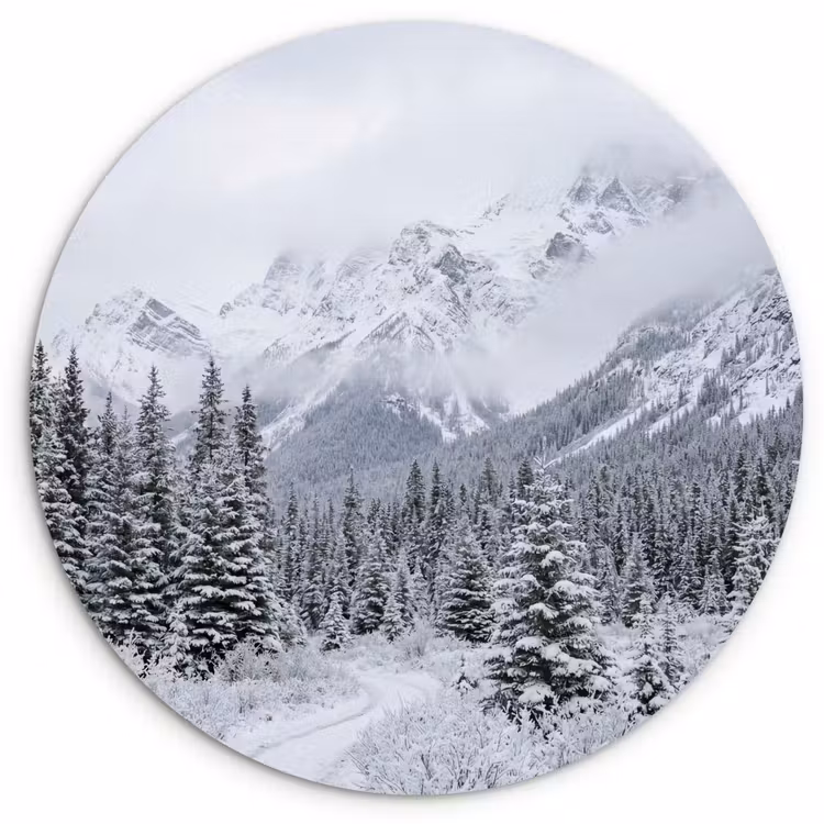 Weg - Bergen - Sneeuw - Naaldbos - Avontuurlijk Wandcirkel kunststof plaat 5mm dik klein -3d