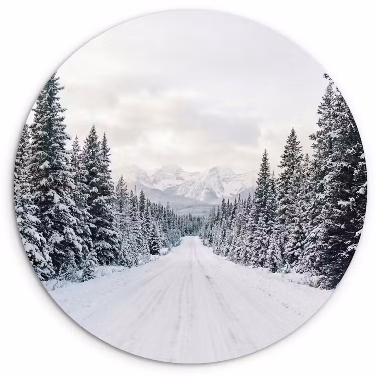 Weg - Sneeuw - Naaldbos - Winter - Avontuurlijk Wandcirkel kunststof plaat 5mm dik klein -3d