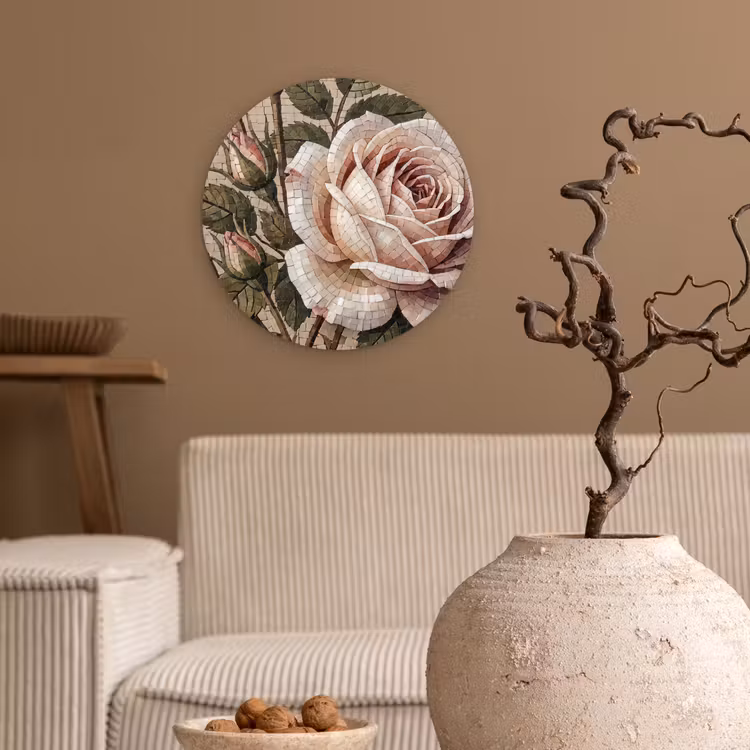 Roos - Mozaïek - Bloemen - Klassiek - Beige Wandcirkel kunststof plaat 5mm dik klein -sfeer1