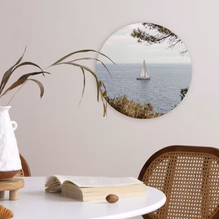 round wall art - Sailboat - trees - water - Zeilboot - bomen - water Wandcirkel kunststof plaat 5mm dik klein