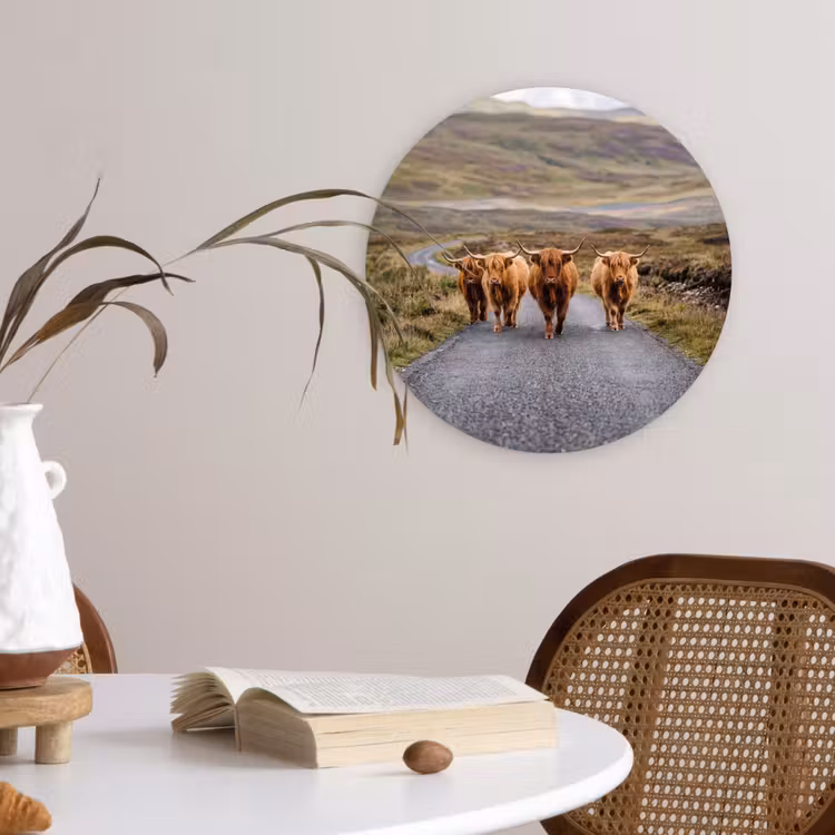Schotse Hooglanders - Weg - Landschap - Kudde Wandcirkel kunststof plaat 5mm dik klein -sfeer4