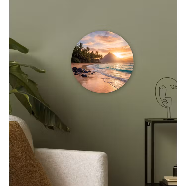 Zee - Berg - Landschap - Tropisch - Goud Wandcirkel kunststof plaat 5mm dik klein -sfeer3