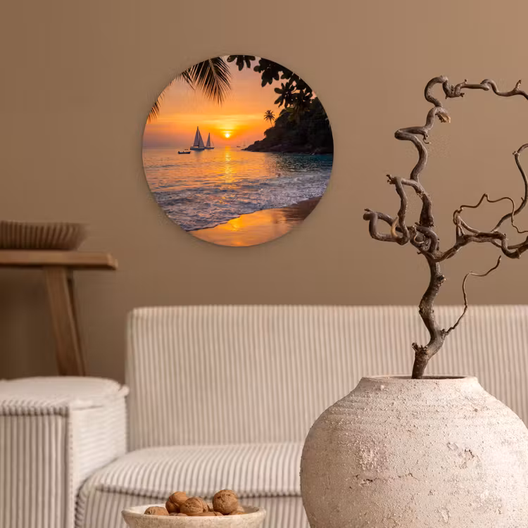Zee - Zonsondergang - Boot - Natuur - Oranje Wandcirkel kunststof plaat 5mm dik klein -sfeer1