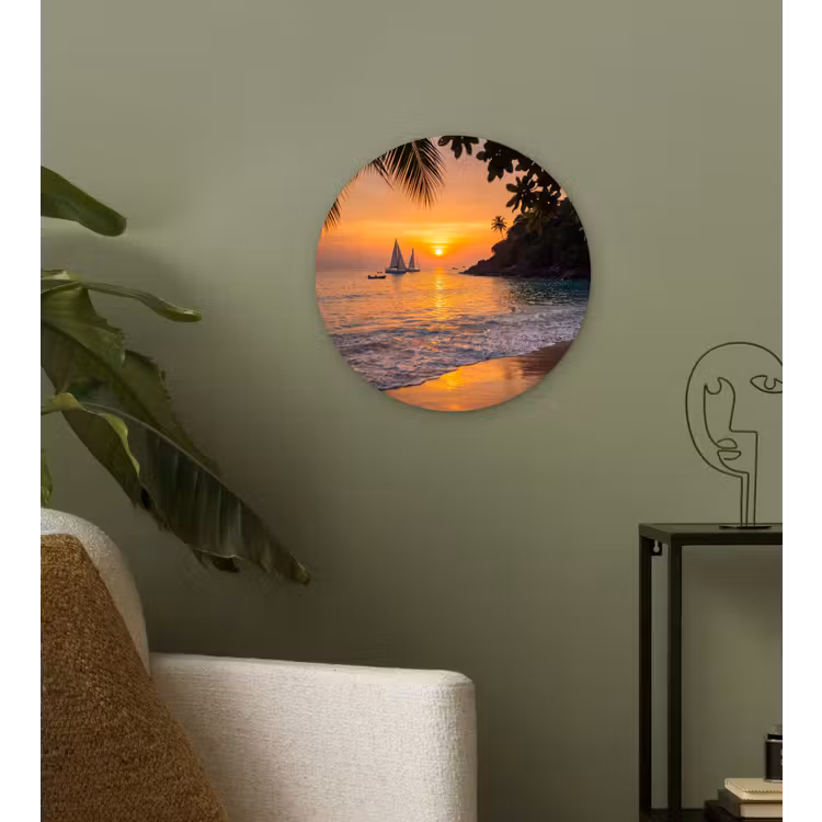 Zee - Zonsondergang - Boot - Natuur - Oranje Wandcirkel kunststof plaat 5mm dik klein -sfeer3
