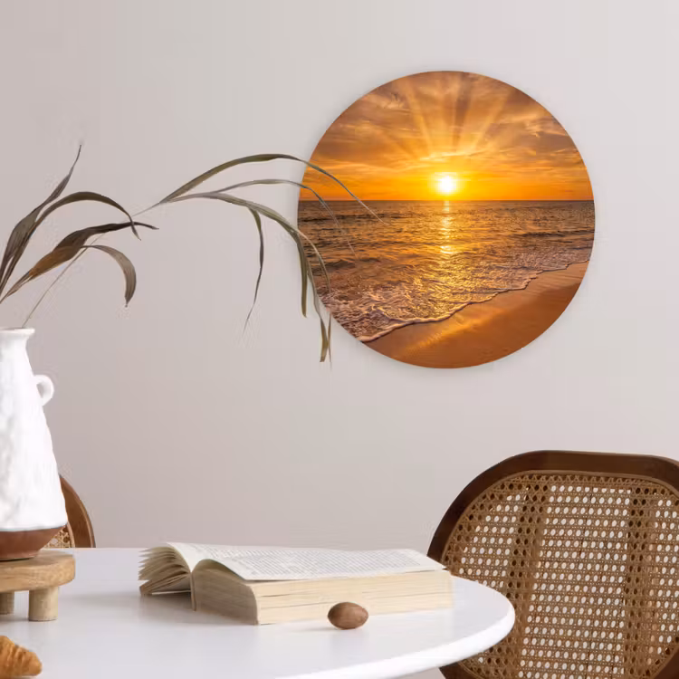 Zee - Zonsondergang - Golven - Kust - Oranje Wandcirkel kunststof plaat 5mm dik klein -sfeer4