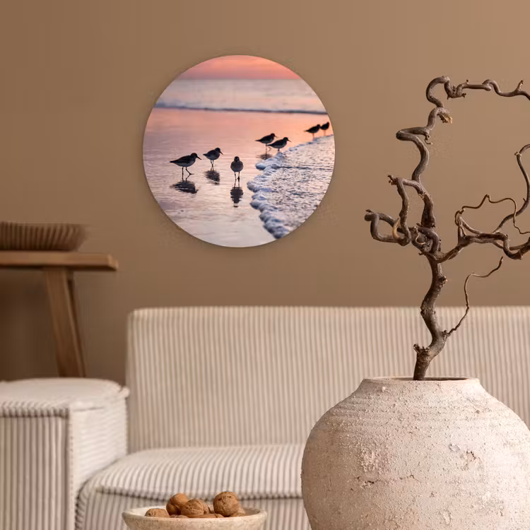 Meeuwen - Strand - Zee - Roze Wandcirkel kunststof plaat 5mm dik klein -sfeer1
