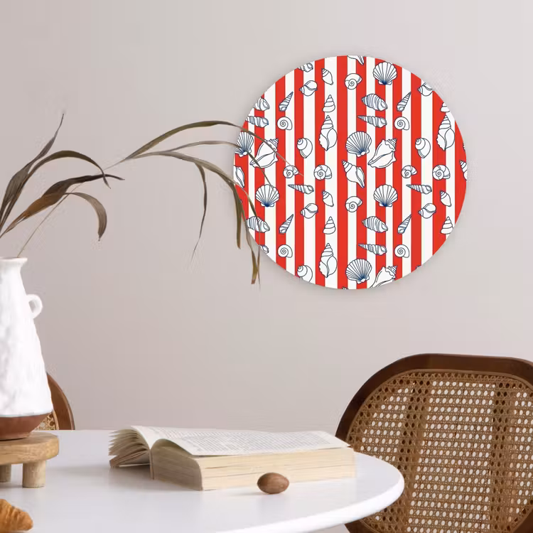 Schelp - Zeedieren - Zomer - Illustratie - Rood - Blauw Wandcirkel kunststof plaat 5mm dik klein -sfeer4