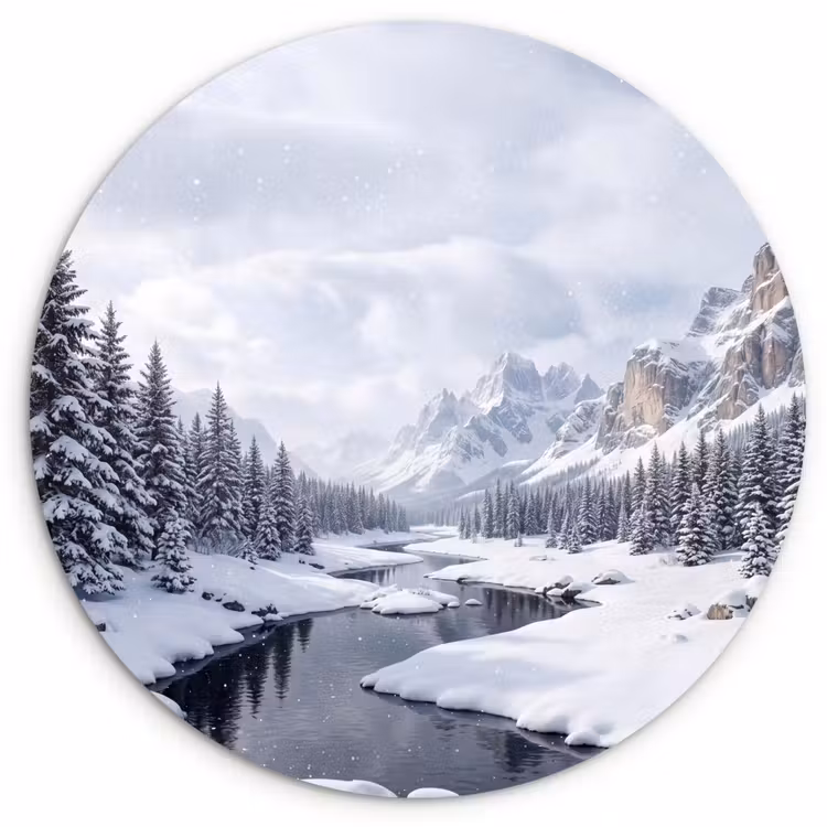 Sneeuwlandschap - Bergen - Rivier - Winter Wandcirkel kunststof plaat 5mm dik klein -3d