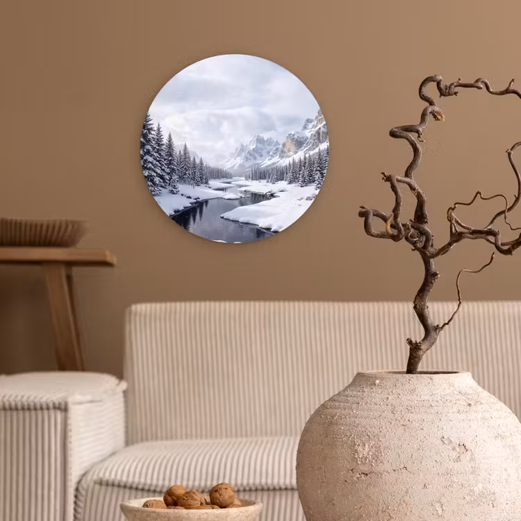 Sneeuwlandschap - Bergen - Rivier - Winter Wandcirkel kunststof plaat 5mm dik klein -sfeer1
