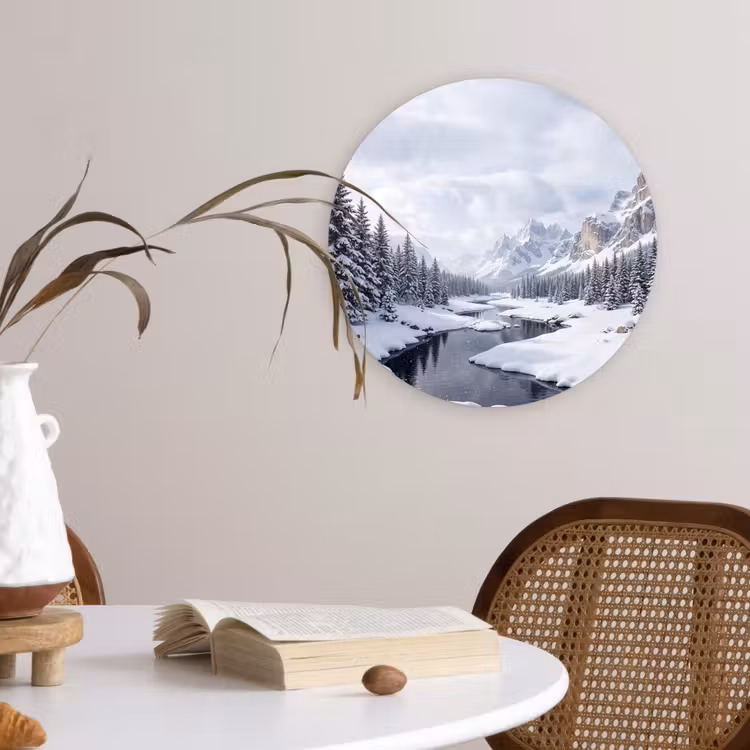 Sneeuwlandschap - Bergen - Rivier - Winter Wandcirkel kunststof plaat 5mm dik klein -sfeer4