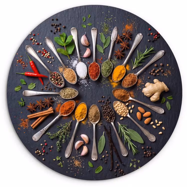 Kruiden - Lepels - Culinair - Kleurrijk - Sfeervol Wandcirkel kunststof plaat 5mm dik klein -3d