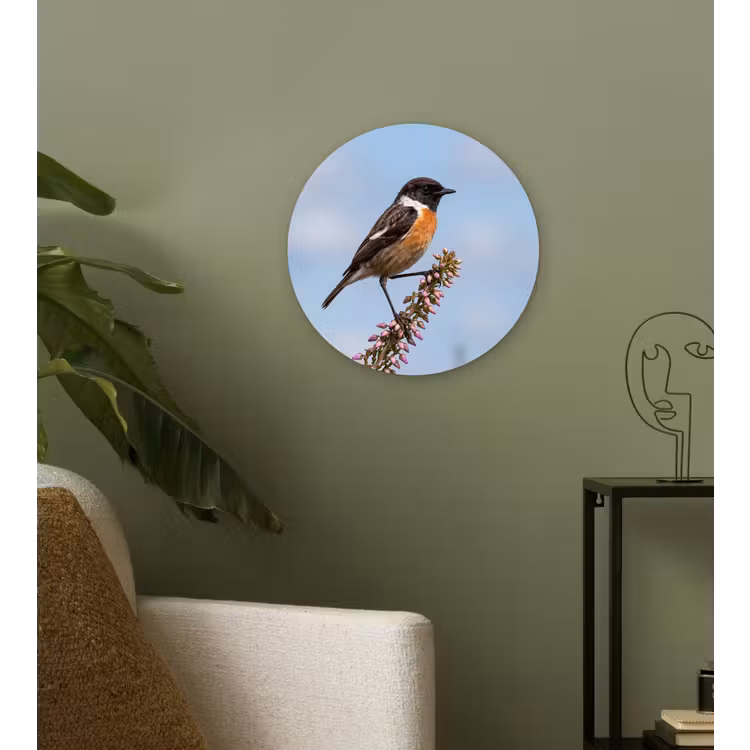 Roodborsttapuit - Heide - Paars - Natuur - Sfeervol Wandcirkel kunststof plaat 5mm dik klein -sfeer3