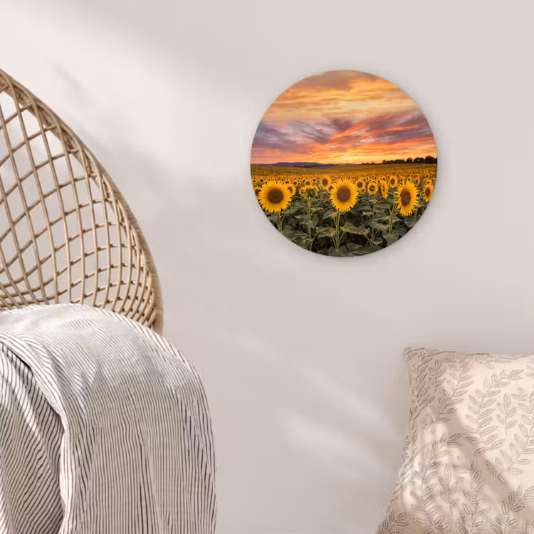 Zonnebloemen - Heuvellandschap - Geel Wandcirkel kunststof plaat 5mm dik klein -sfeer5