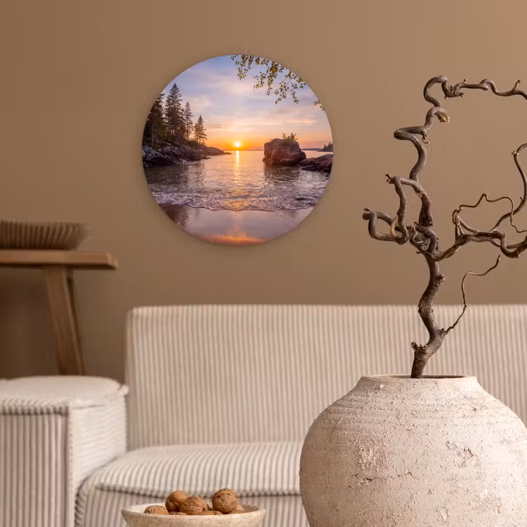 Zonsondergang - Kust - Water - Natuur - Oranje Wandcirkel kunststof plaat 5mm dik klein -sfeer1