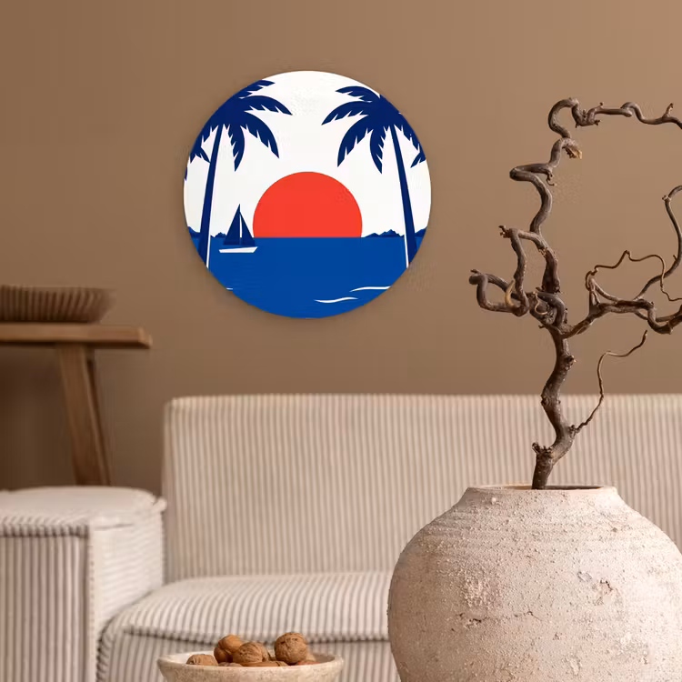 Zonsondergang - Zee - Palmboom - Tropisch - Modern Wandcirkel kunststof plaat 5mm dik klein -sfeer1