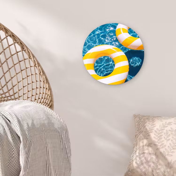 Zwembad - Zwembanden - Zomer - Geel - Blauw Wandcirkel kunststof plaat 5mm dik klein -sfeer5