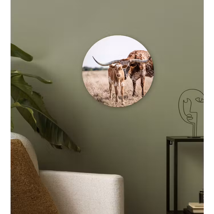 Texas Longhorn - Kalf - Weide - Dieren Wandcirkel kunststof plaat 5mm dik klein -sfeer3