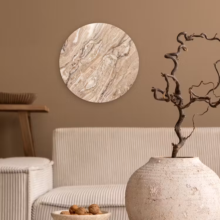 Textuur - Aders - Abstract - Modern - Beige Wandcirkel kunststof plaat 5mm dik klein -sfeer1