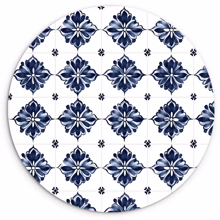 Tegelmotief - Blauw - Wit - Bloem Wandcirkel kunststof plaat 5mm dik klein 188 -3d
