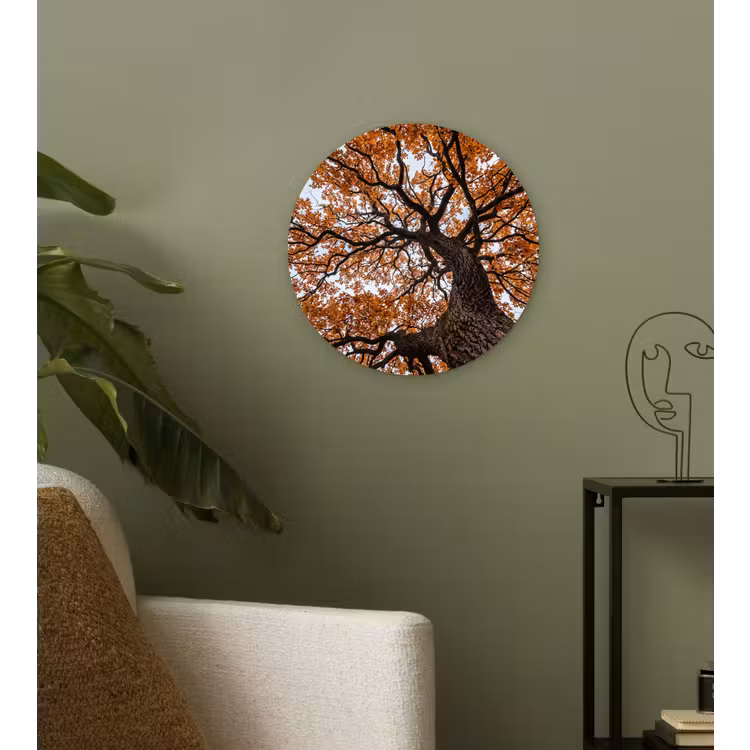 Boom - Bladerdak - Herfst - Oranje - Sfeervol Wandcirkel kunststof plaat 5mm dik klein -sfeer3