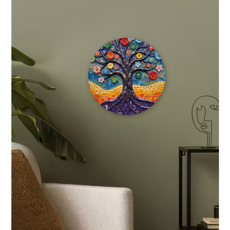 Levensboom - Mozaïek - Bloemen - Kleurrijk - Vrolijk Wandcirkel kunststof plaat 5mm dik klein -sfeer3