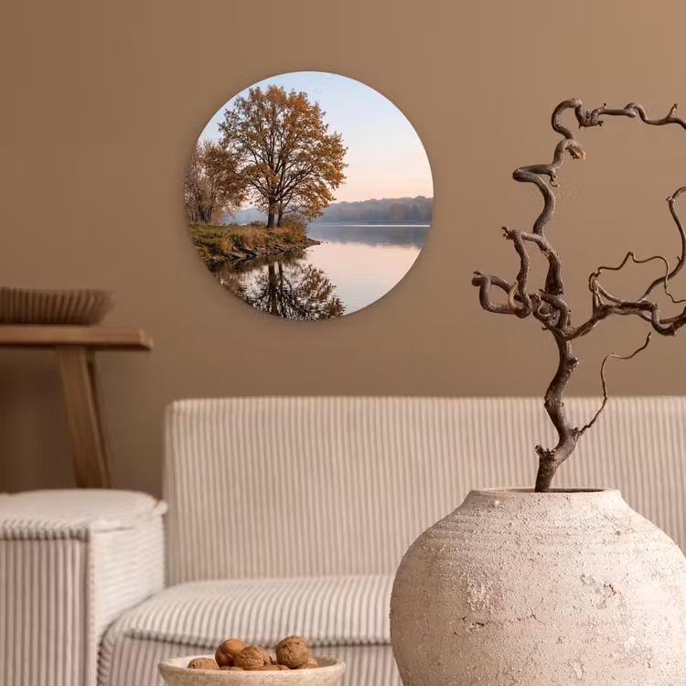 Bomen - Reflectie - Water - Zonsopgang - Serene Wandcirkel kunststof plaat 5mm dik klein -sfeer1