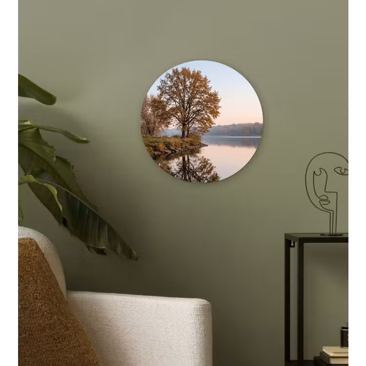 Bomen - Reflectie - Water - Zonsopgang - Serene Wandcirkel kunststof plaat 5mm dik klein -sfeer3