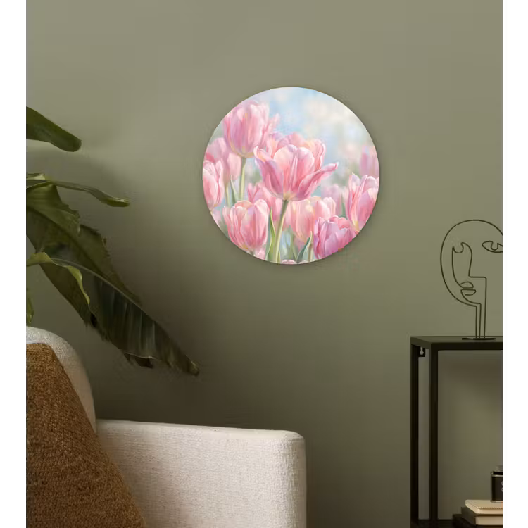 Tulpen - Veld - Lente - Roze Wandcirkel kunststof plaat 5mm dik klein -sfeer3