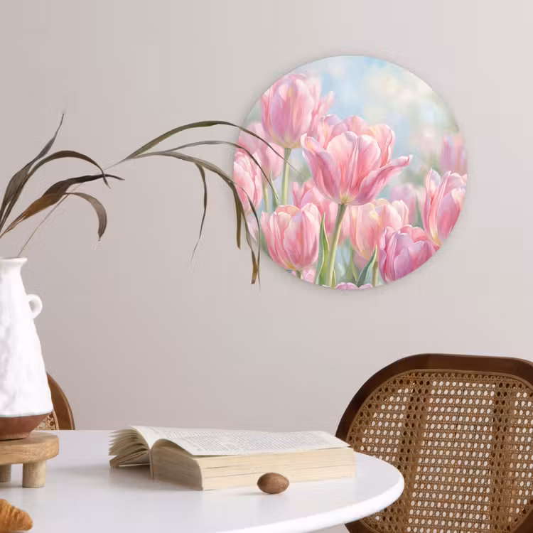 Tulpen - Veld - Lente - Roze Wandcirkel kunststof plaat 5mm dik klein -sfeer4