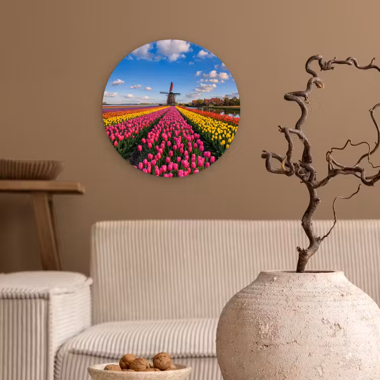 Tulpen - Holland - Molen - Kleurrijk Wandcirkel kunststof plaat 5mm dik klein -sfeer1