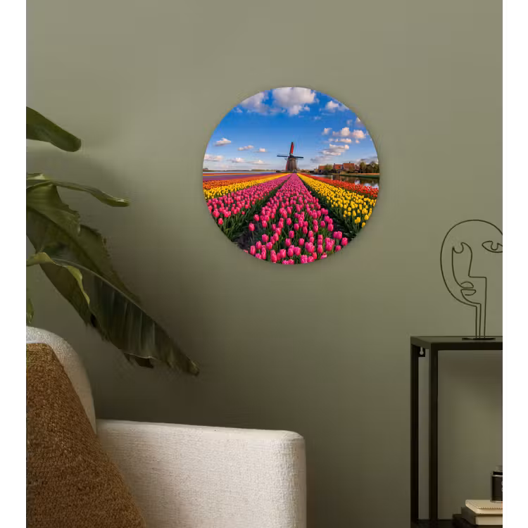 Tulpen - Holland - Molen - Kleurrijk Wandcirkel kunststof plaat 5mm dik klein -sfeer3