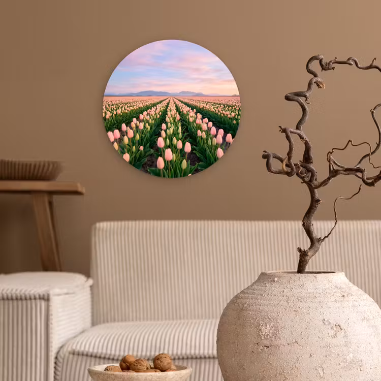 Tulpen - Landschap - Roze Wandcirkel kunststof plaat 5mm dik klein -sfeer1