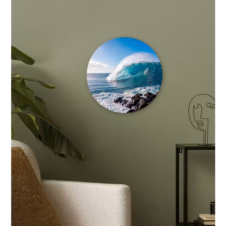 Golf - Oceaan - Brekend - Water - Blauw Wandcirkel kunststof plaat 5mm dik klein -sfeer3