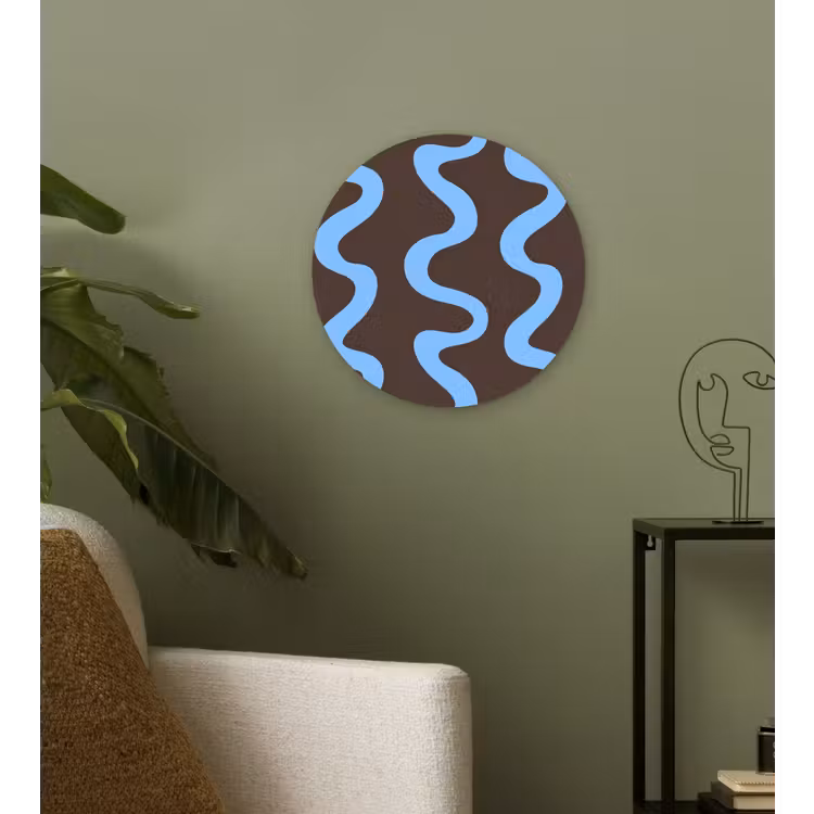 Kronkelende lijnen - Blauw - Bruin - Minimalistisch Wandcirkel kunststof plaat 5mm dik klein 188 -sfeer3