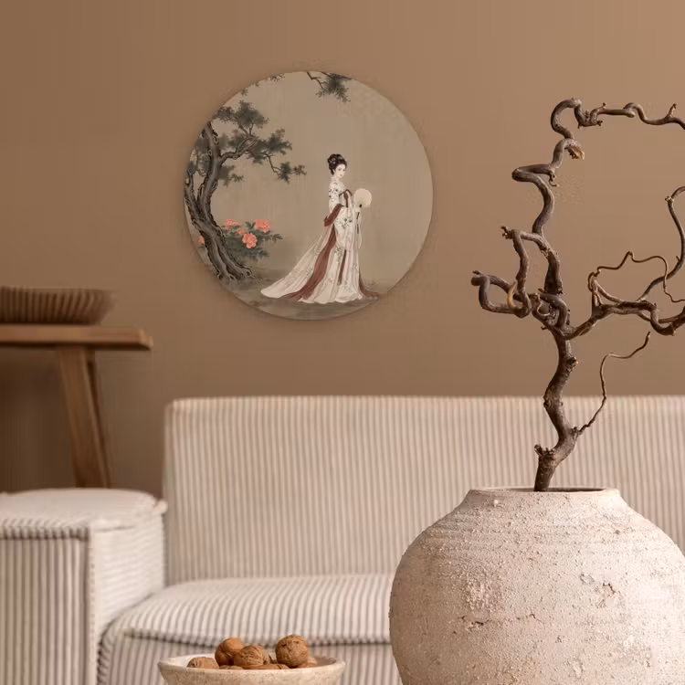 Vrouw - Azië - Kunst - Beige Wandcirkel kunststof plaat 5mm dik klein -sfeer1